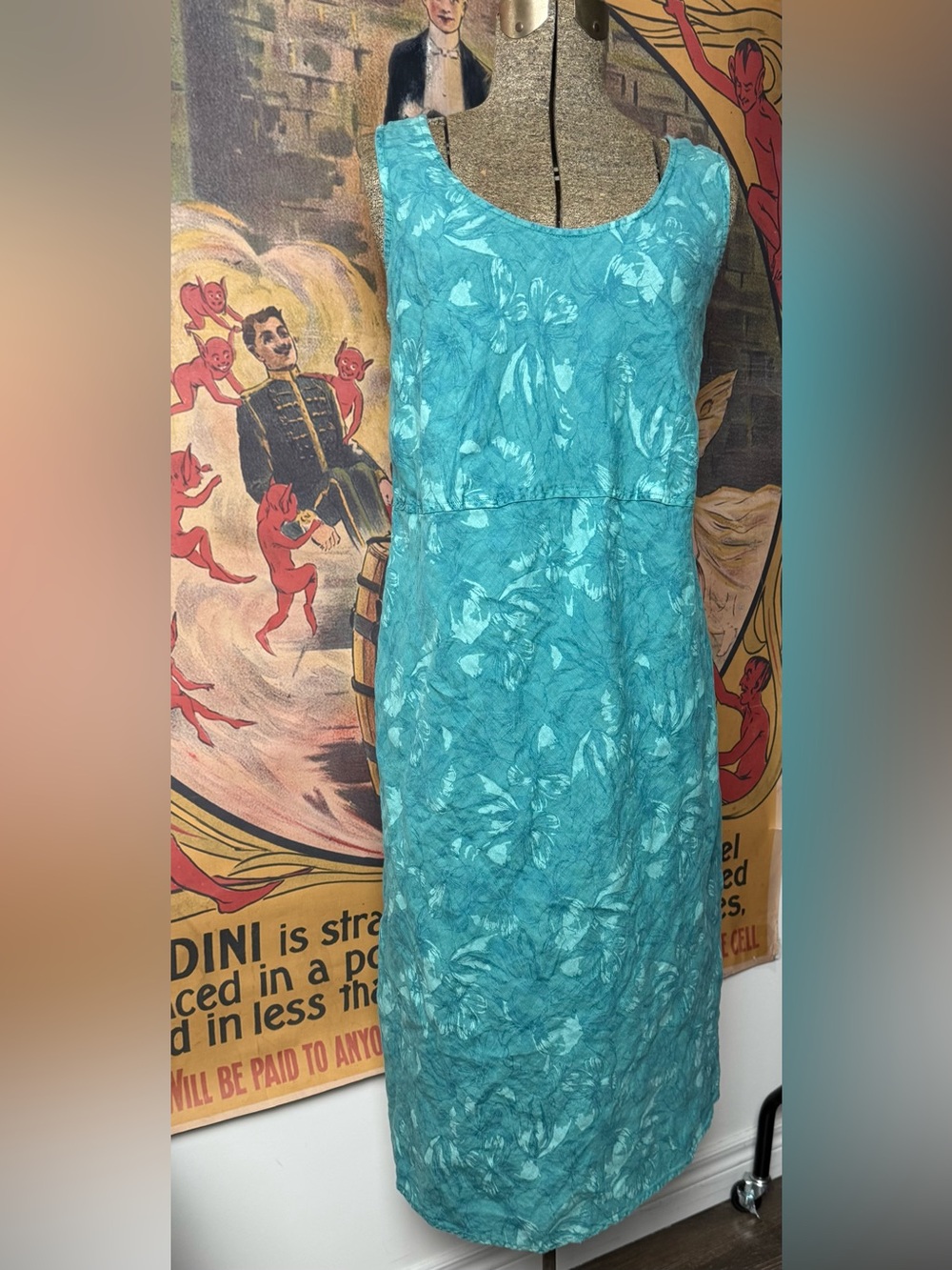 Orvis Teal Floral 100% Linen Midi Dress